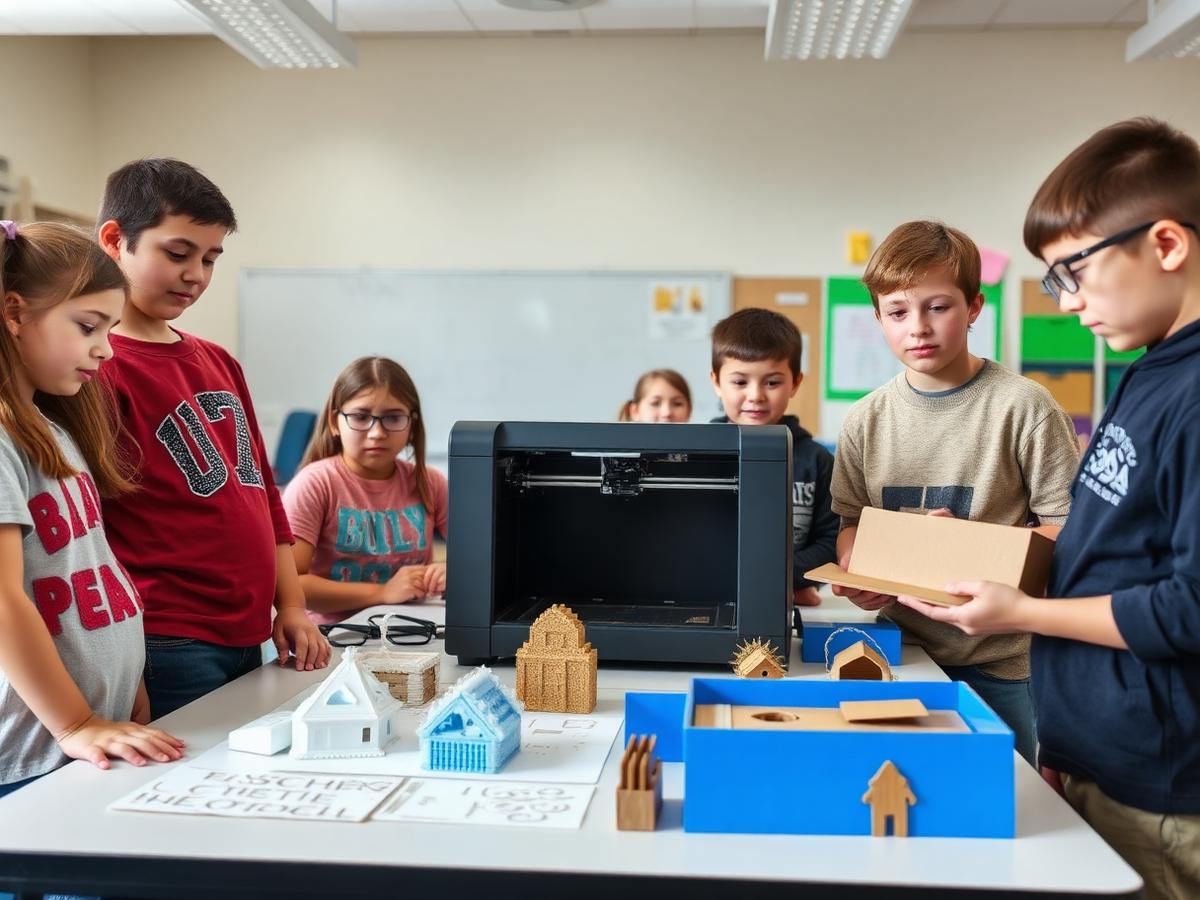 Students gathered around a 3D printer with prototypes on the table