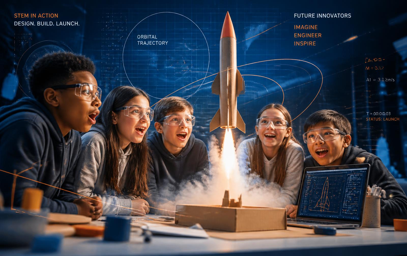 Students watching a cardboard model rocket launch from a classroom launch rig
